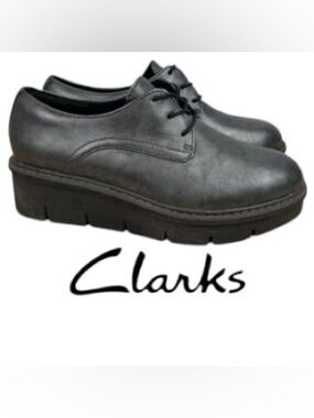 91/2 Wide Clark’s Women’s Leather Lace-Up Wedge Oxford Derby Shoes in Gunmetal